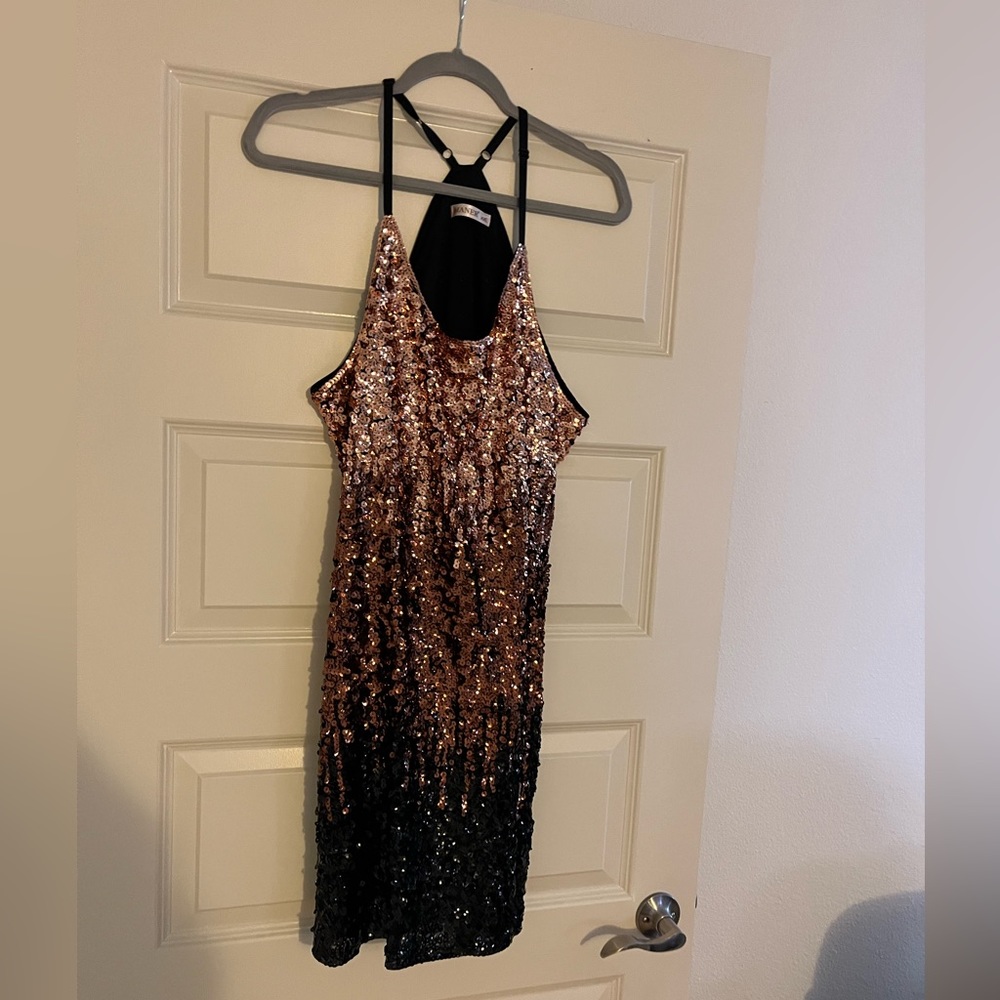 Meaner Tri Tone sequin mini dress, adjustable straps, lined